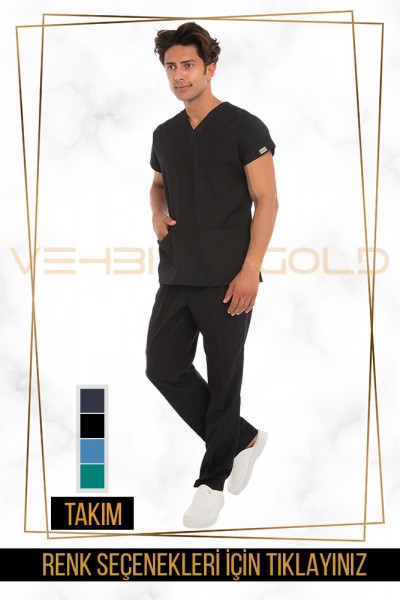 Vehbi Özel Gold Likralı V Yaka Doktor Hemşire Forması Takımı (Dr Greys Modeli-Erkek)